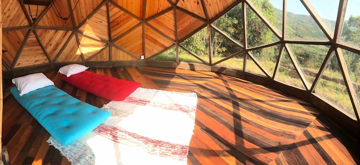 BioFuton bed: Sleep in the multi-surface group space.  Sleep under the stars with the unique energy of the geodesic dome.