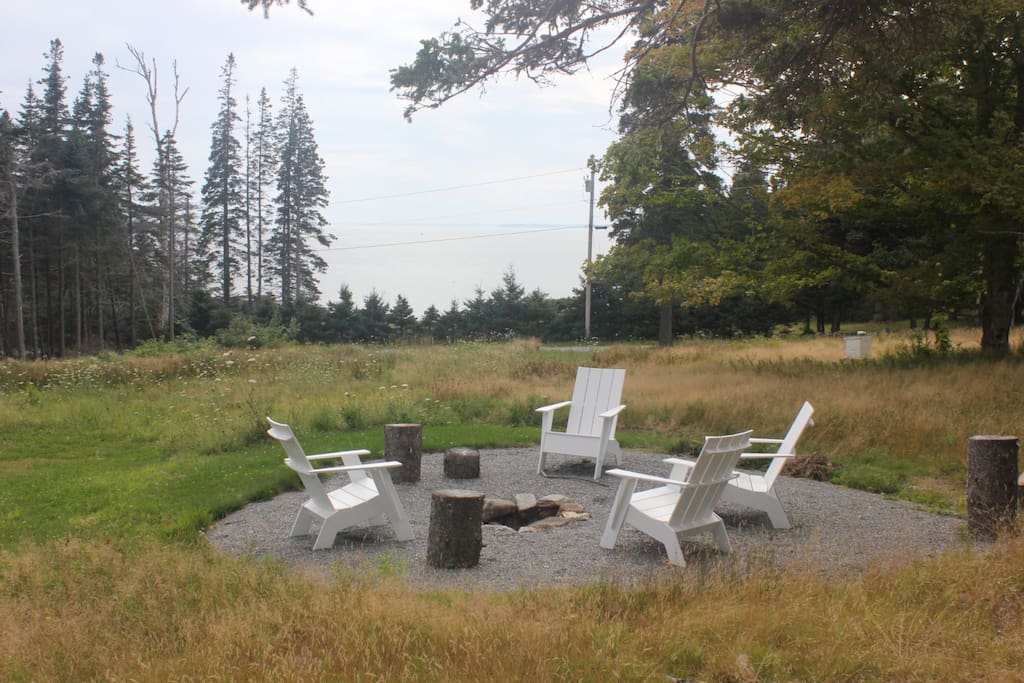 Fire pit in the front yard with views of the Penobscot