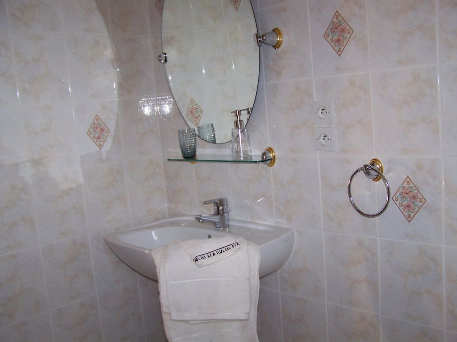 Une salle de bains avec lavabo, WC et douche