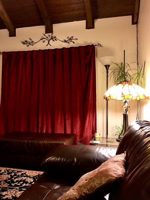 Comfy chill space, leather furniture, tiffany-style lighting, rustic elegance that is all Austin, Texas.
