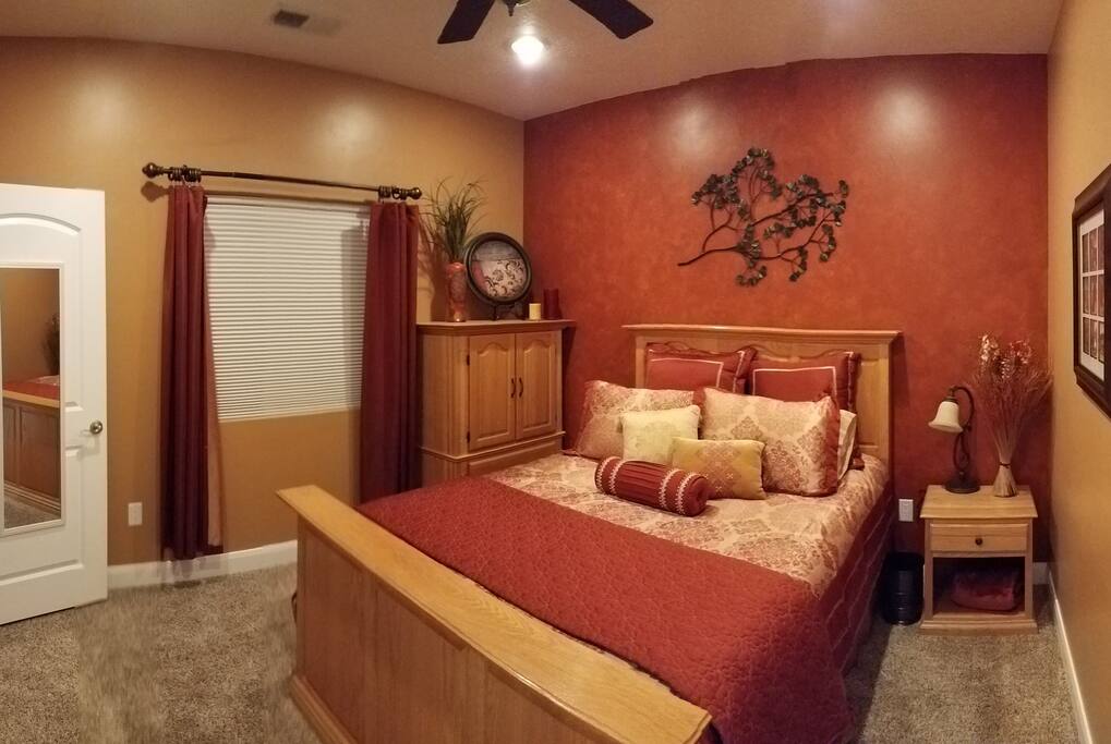 Custom built furniture and queen size bed, walk-in closet, motorized black-out blinds, ceiling fan, dimmable LED lights and other modern conveniences.