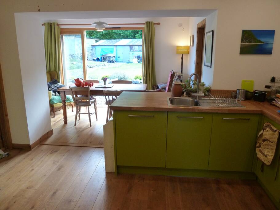 Kitchen diner with double doors to garden. Table seats 6 very comfortably and 8 at a push.