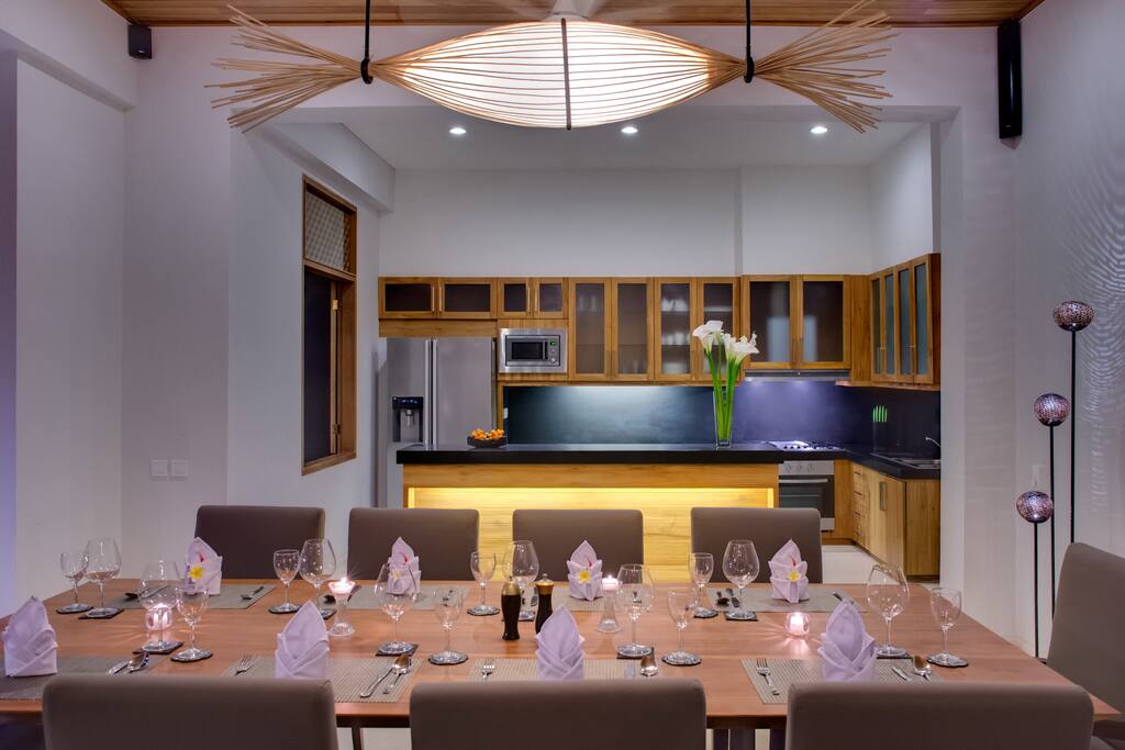 Inside lounge and dining area at night