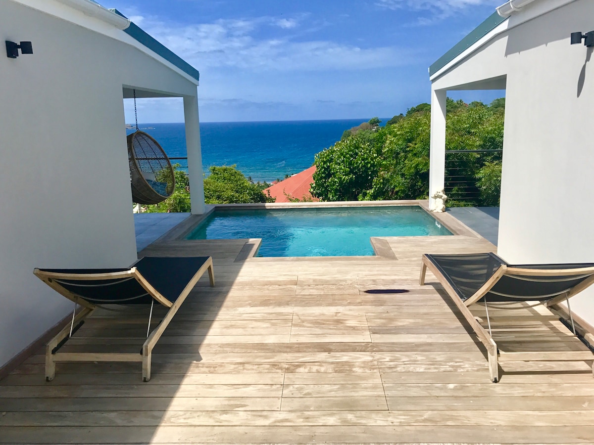 A sleek swimming pool is surrounded by a wooden deck, equipped with two lounge chairs. Beyond the pool, expansive views of the blue sea and green surroundings are visible, creating a peaceful outdoor space perfect for relaxation.