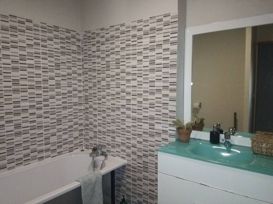 SDB: baignoire WC lavabo sèche serviette