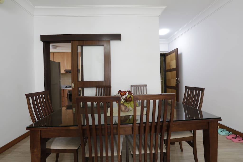 Full dining table set with six chairs.