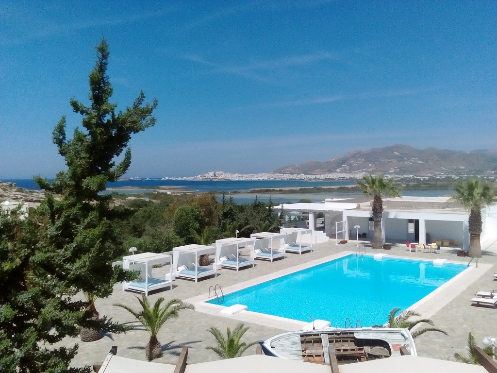 A serene outdoor area features a large swimming pool surrounded by sun loungers and palm trees. Scenic views of the sea and Naxos Town are visible in the background, under a clear blue sky, enhancing the relaxing atmosphere of the villa.