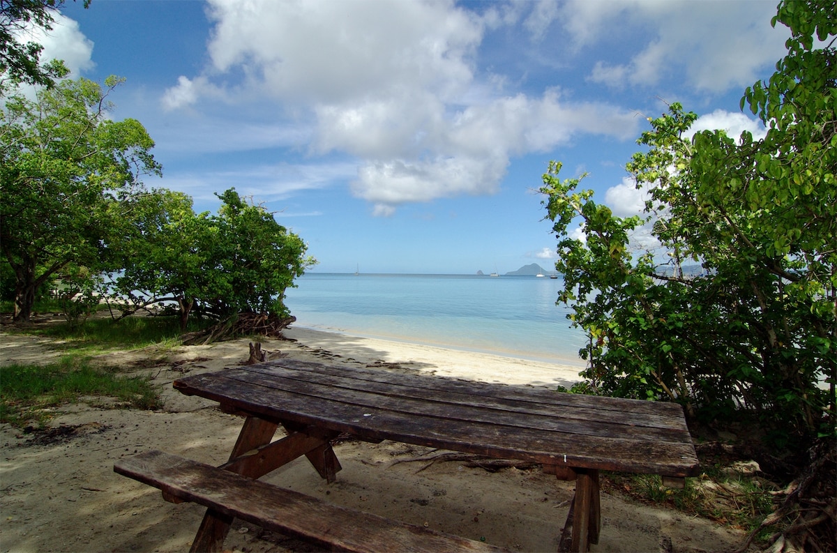A wooden picnic table is positioned on the sandy shore, surrounded by lush greenery. The calm sea stretches in the background, with gentle waves lapping at the beach. A partly cloudy sky is visible, offering a serene and inviting view of the tropical landscape.