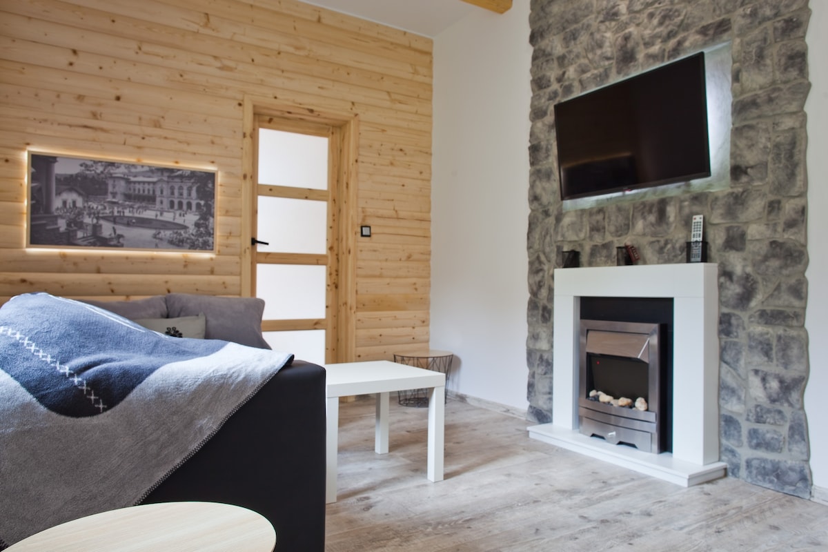 A comfortable living space features a sleek black couch draped with a cozy blanket. A modern coffee table sits nearby, and a flat-screen television is mounted above a stylish fireplace, framed by a stone wall. Soft natural light filters through a window.
