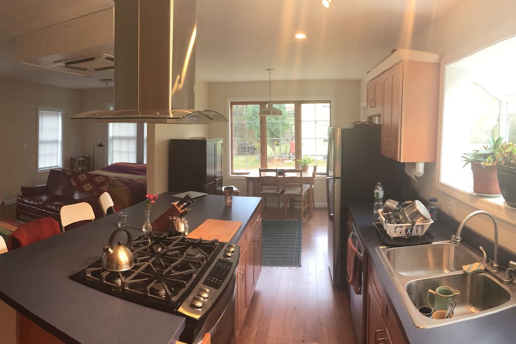 Gas stove, dishwasher, large eat-at counter.
