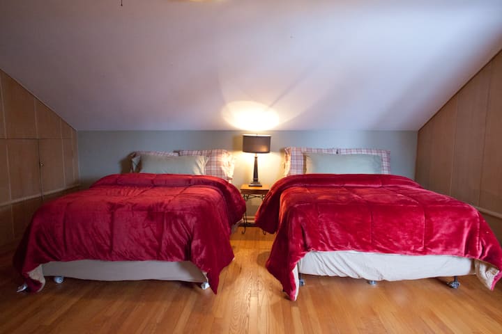 Upstairs bedroom with two full beds.