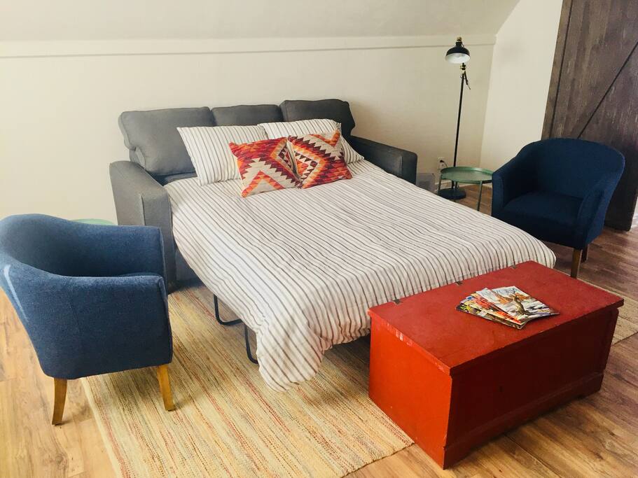 The sofa bed in the living room.