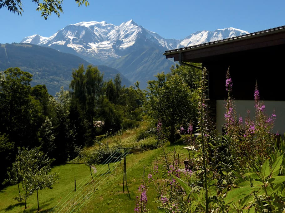 Vue sur le massif du Mt Blanc ,le chalet et une partie du jardin