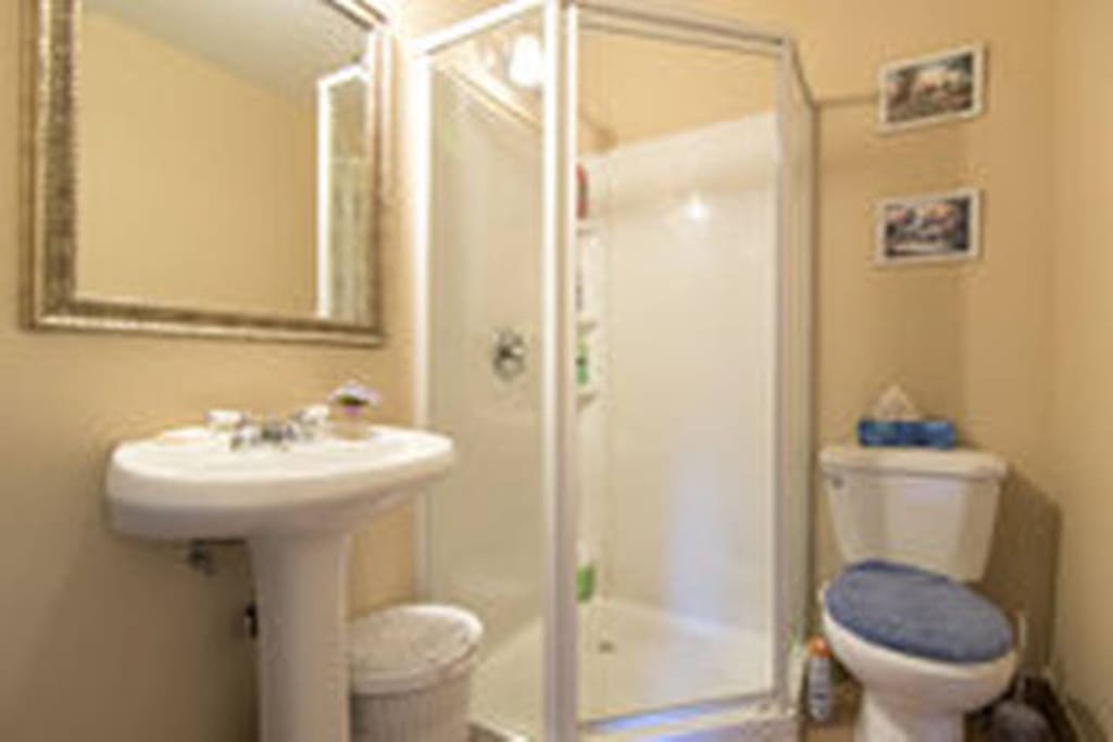 Douche proche de la chambre. La salle de bain est partagée.