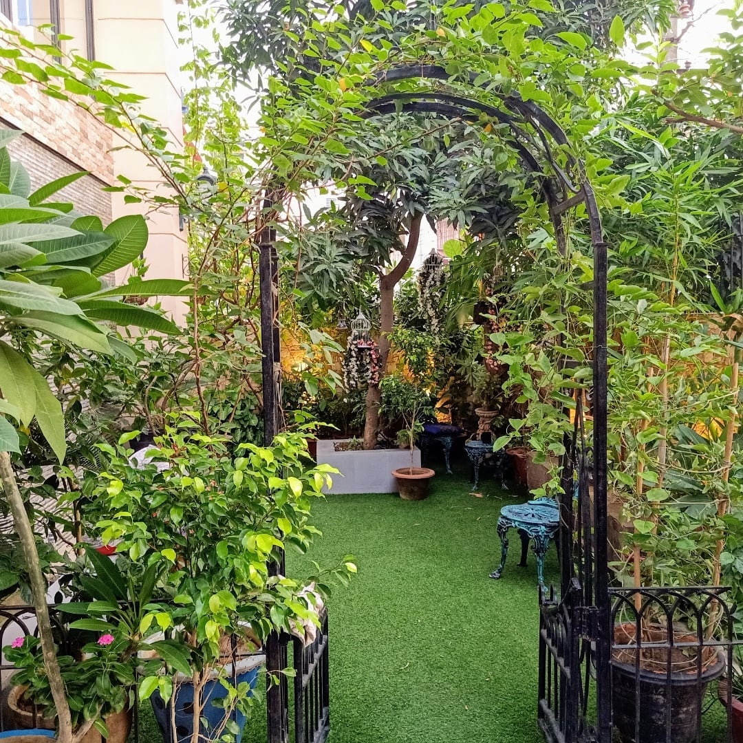 A verdant garden area is framed by an ornate archway, with lush greenery and potted plants enhancing the outdoor setting. A soft, grassy surface underfoot invites relaxation, while decorative furniture pieces add character to the tranquil atmosphere.
