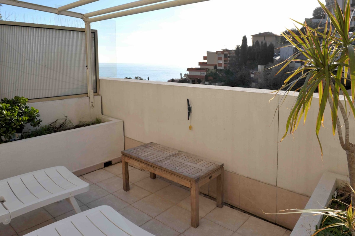 An inviting terrace is showcased, featuring a wooden table and lounge chairs. The space offers a serene view of the sea and surrounding buildings, with plants adding a touch of greenery. The edges are enclosed for privacy while allowing natural light to enter.