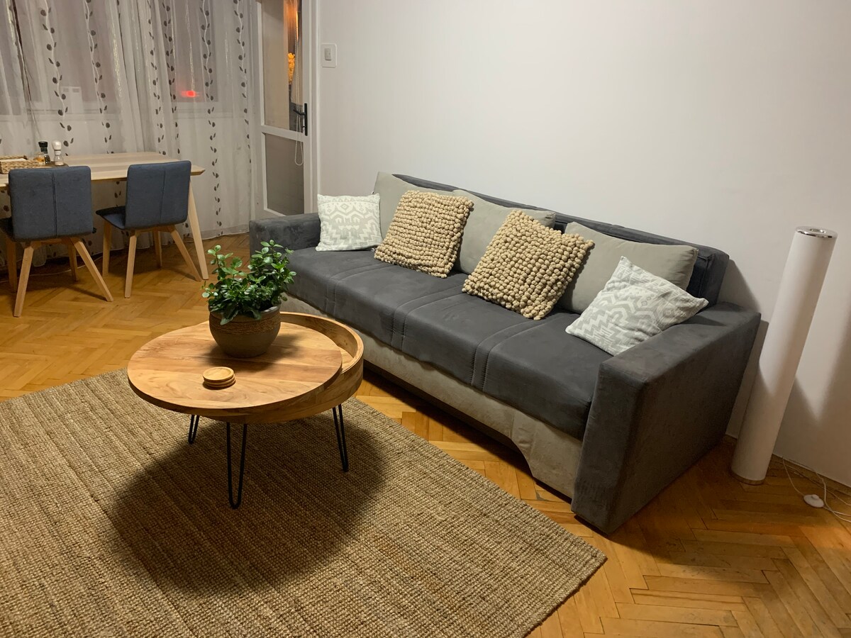 A comfortable living area features a dark sofa adorned with textured cushions, complemented by a round wooden coffee table on a natural fiber rug. A dining table with blue chairs is visible in the background, providing a cozy space for gatherings.