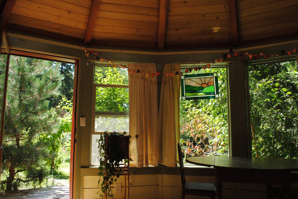 Inside of Sun Yurt, looking out towards our gardens.