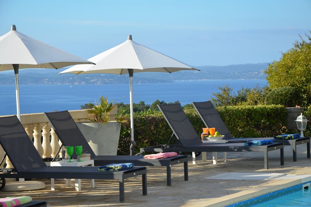 Pool terrace wit St Tropez in distance