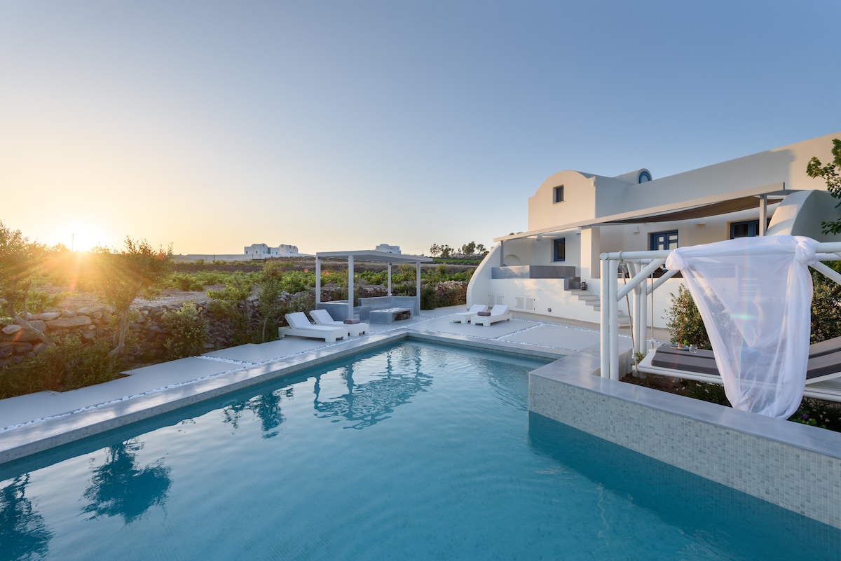 The outdoor area features a private swimming pool with crystal-clear water, surrounded by sunbeds and lush landscaping. A shaded lounging area with an airy canopy provides a serene view of the surrounding vineyards, while the warm sunset creates a tranquil ambiance.