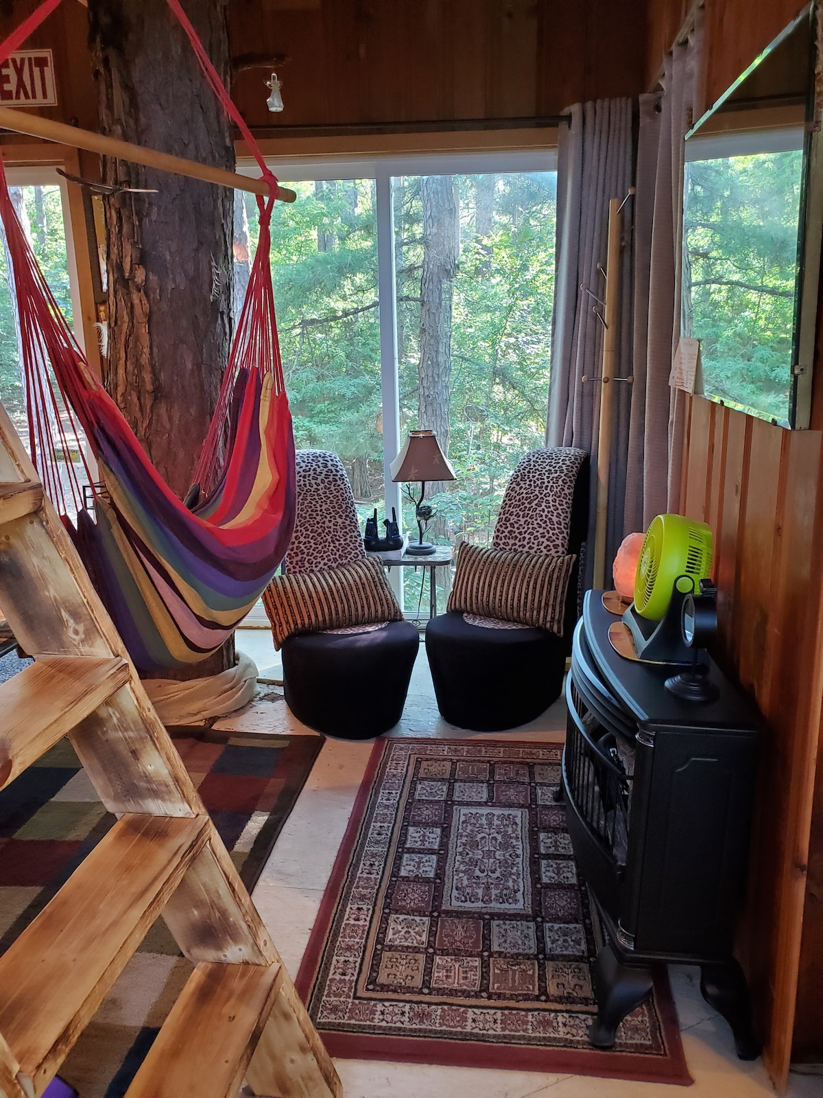 We have a beautiful custom made ladder to the loft. Everyone loves out hanging chair and our shoe chair pair.