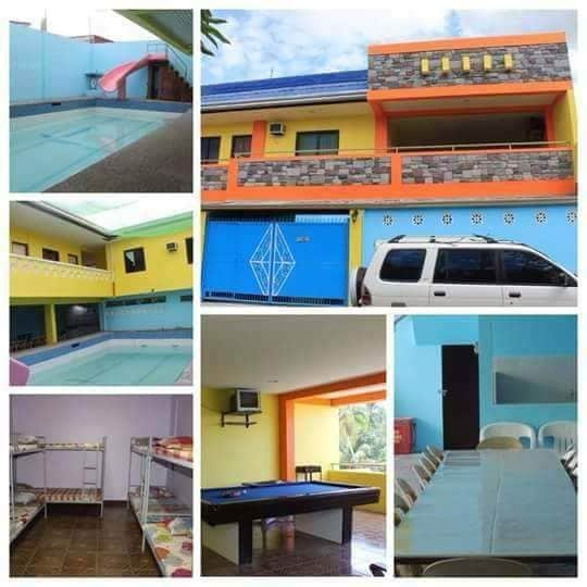 The collage showcases different areas of the resort. A swimming pool with a slide is prominently featured. Brightly colored walls enhance the atmosphere. A parking area is visible alongside various indoor spaces including a dining area, a billiard table, and sleeping arrangements.