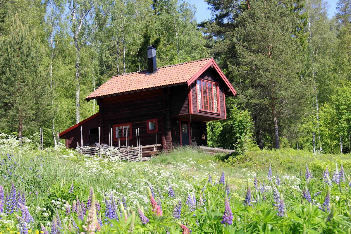 A charming wooden cabin is set amidst lush greenery, with vibrant wildflowers in the foreground. Large windows on the upper level allow for natural light, while a stone chimney rises from the roof. The serene environment indicates a peaceful retreat in nature.