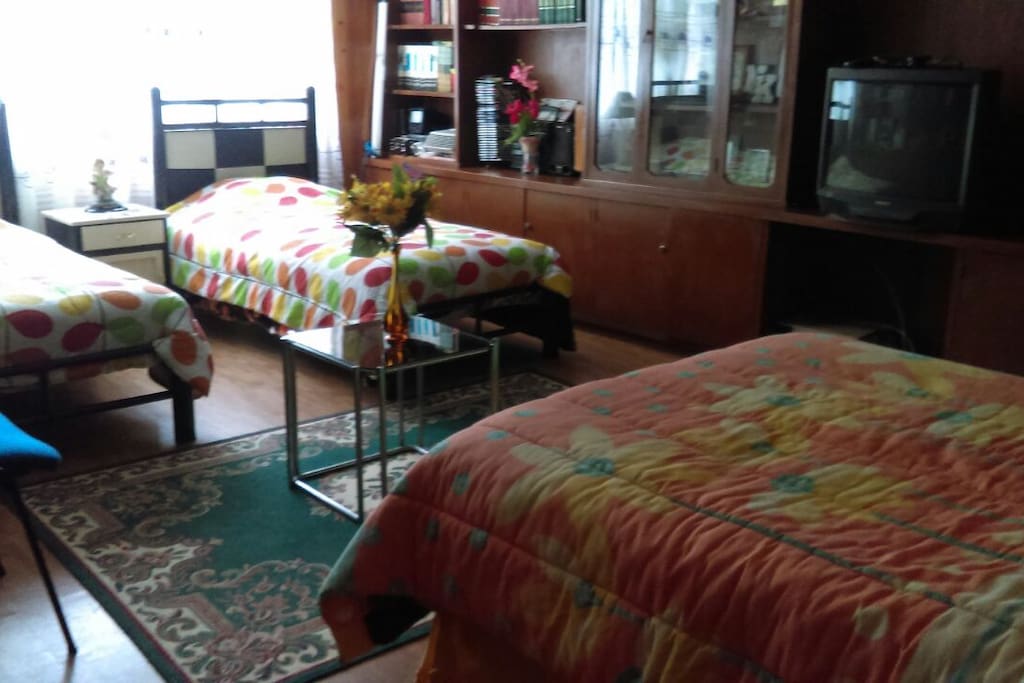 Bedroom: two individual beds + 1 Queen bed, shared 3/4 bath on second level. Sleeps 3-4 (if sharing Queen Ben)