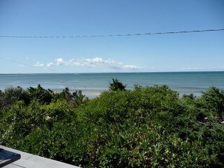 A view of the bay is presented, showcasing calm waters meeting a clear blue sky. Green foliage is visible in the foreground, framing the scene. Distant clouds suggest a sunny day, enhancing the natural beauty of the waterfront landscape.