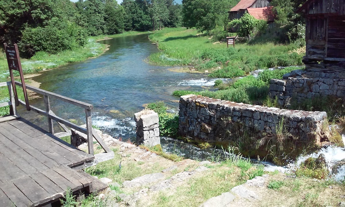 A clear river flows gently through a lush green landscape, with visible stones and patches of vegetation along the bank. Wooden structures are situated nearby, surrounded by trees and grass, creating a serene and natural setting.