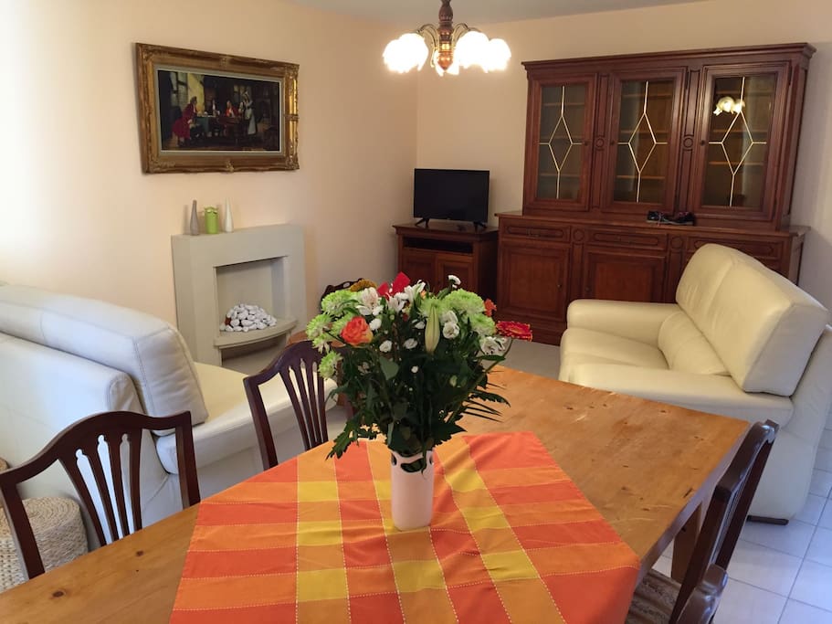 Le salon avec 2 canapés, table baisse, cheminée d'ornement, bibliothèque, tv, livres, jeux, table et chaises.