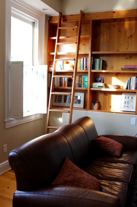 Leather pull-out sofa converts to queen sized bed for extra guests. Take a book, leave a book from the built-in bookcase!