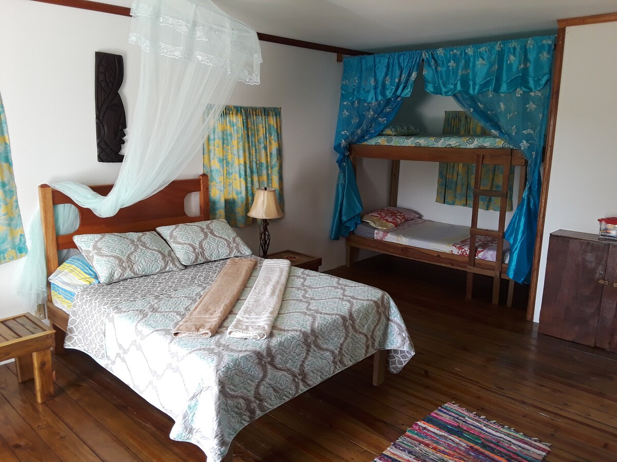 A spacious studio cabana features a queen bed with a decorative bedspread, complemented by a bunk bed in the corner. Sheer curtains frame the windows, allowing natural light to brighten the wooden floors. A small lamp sits beside the bed, enhancing the cozy ambiance.