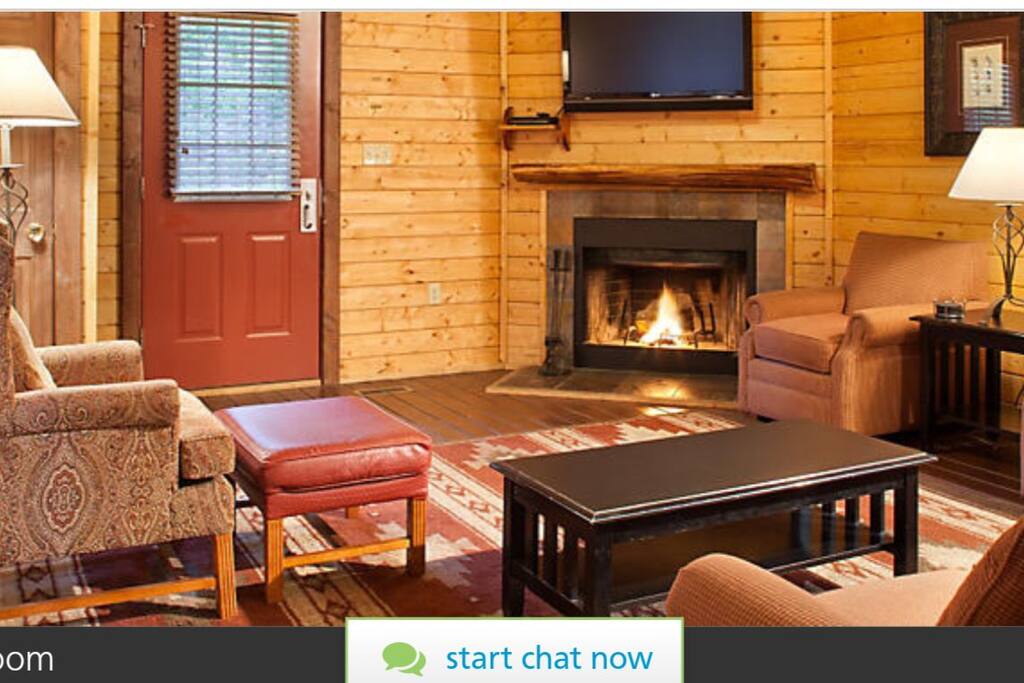 Fireplace and entrance to cabin