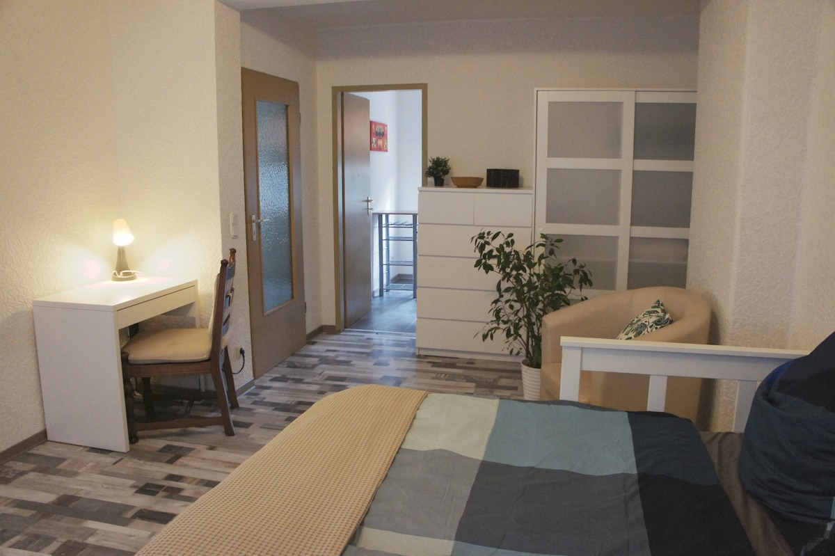 A cozy living space is presented, featuring a spacious bed with a multi-colored cover. A desk and chair are positioned near the entrance, while a light source provides soft illumination. A beige sofa and a dresser with multiple drawers complete the room's layout, with a plant adding a touch of greenery.