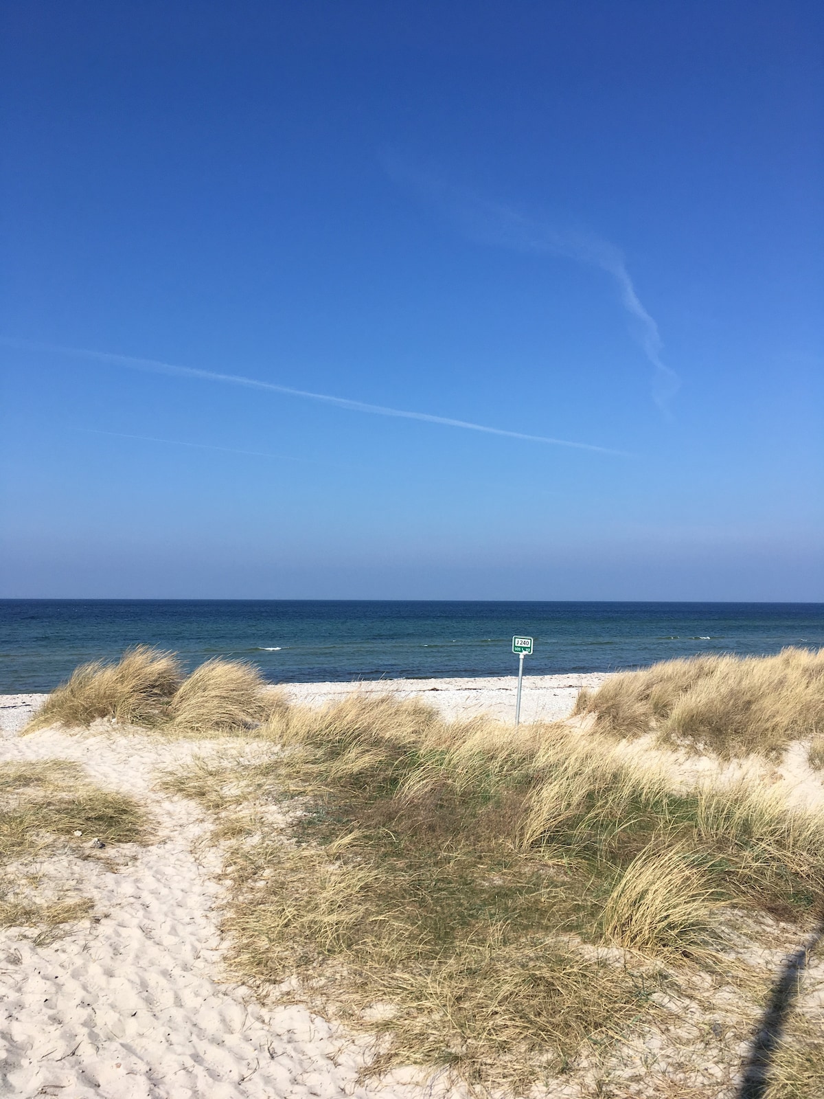 A sandy beach stretches towards the horizon, bordered by gentle dunes covered with coastal grasses. The calm ocean water reflects a clear blue sky, with wispy clouds visible in the distance. A signpost stands along the beach path, providing information for visitors.
