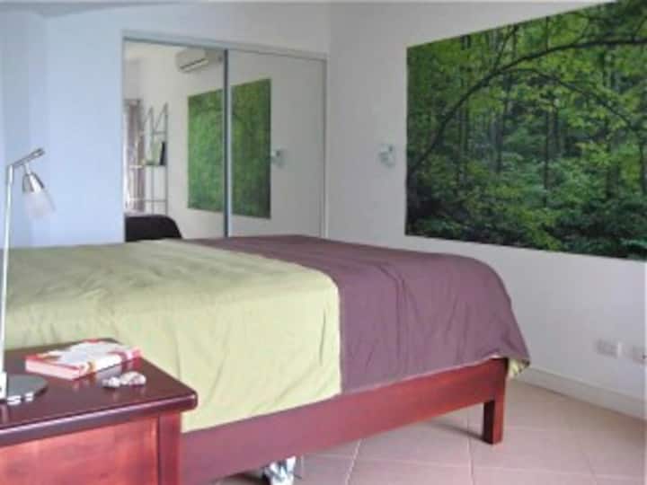 El dormitorio de invitados tiene una cama tamaño queen y otro armario de tamaño completo...