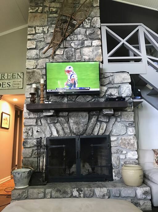 Wood burning fireplace, HBO, and apple TV