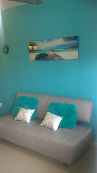 Sofa-cama y sala con television saltelital SKY.