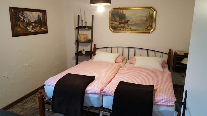 1. Habitación con cama doble, TV, caja fuerte y cómoda