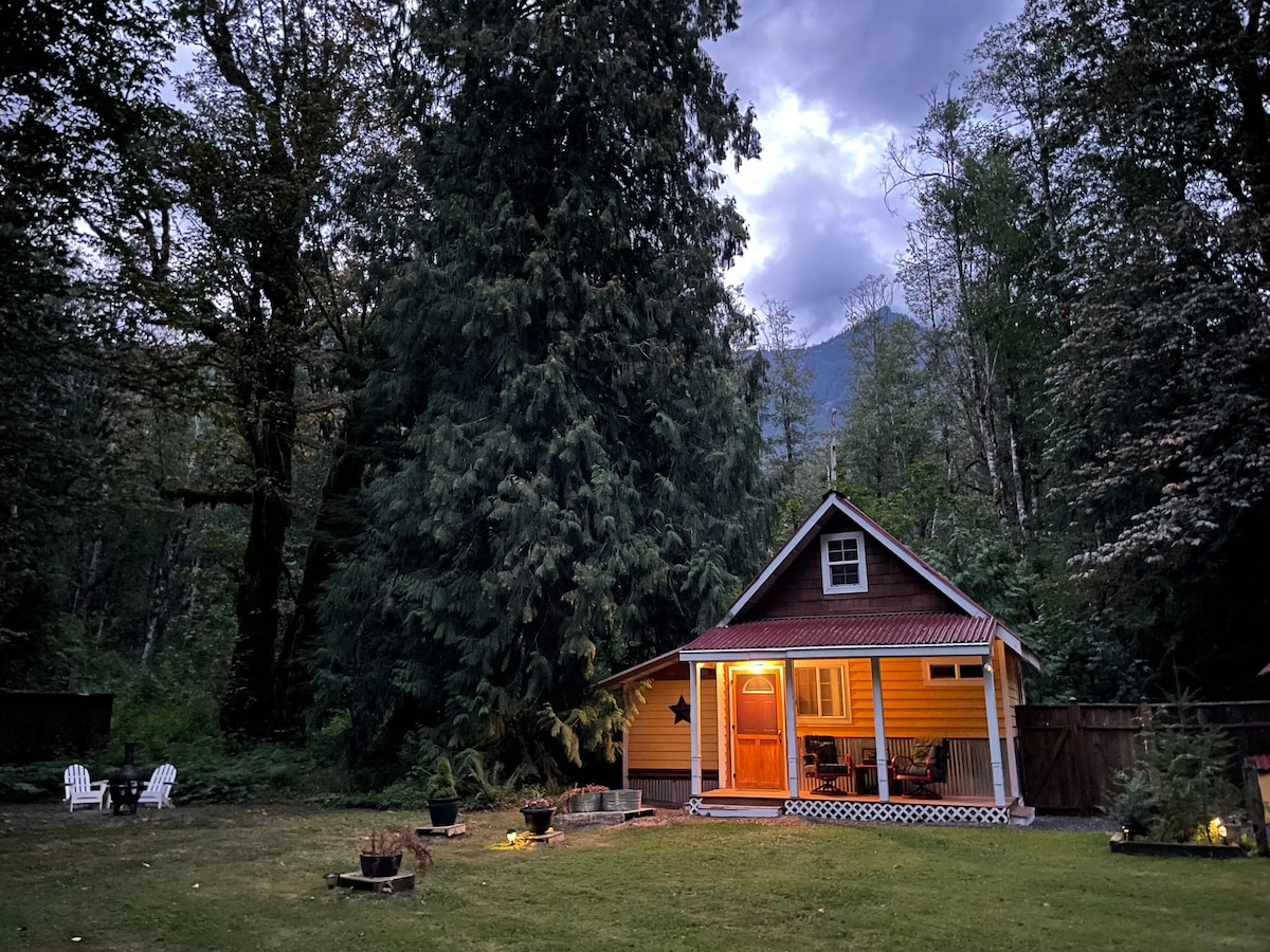The cabin is framed by towering trees, with muted evening light casting a soft glow. The inviting entrance features a warm porch, while a spacious yard is complemented by Adirondack chairs arranged around a fire pit, offering a cozy gathering space in a tranquil setting.