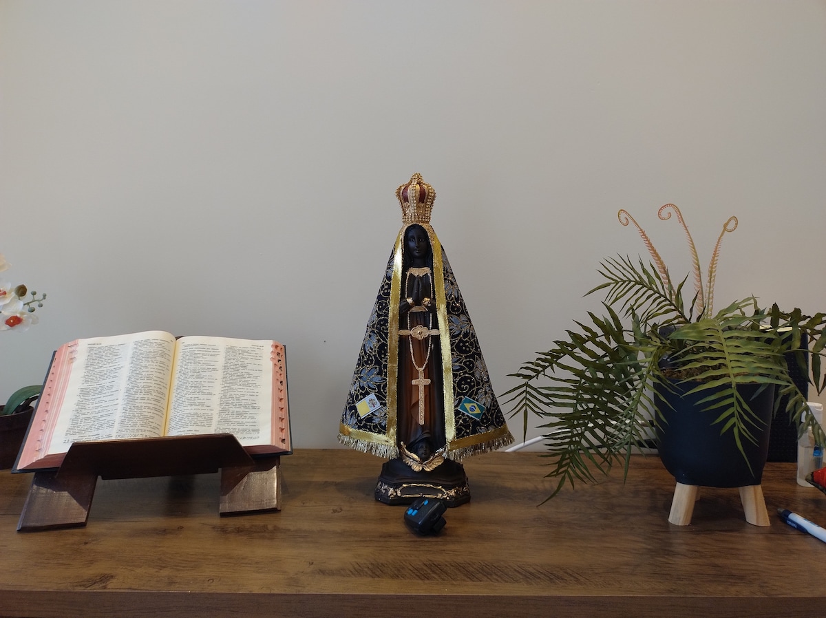 A wooden table features a statue of the Immaculate Mary, draped in a black and gold cape with a crown. Beside it sits an open Bible on a stand and a potted plant with slender leaves, creating a serene atmosphere.