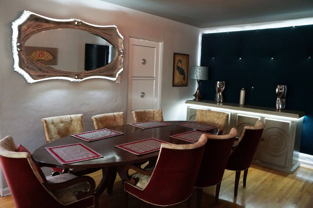 The magical mirror, padded wall and gorgeous buffet are all backlit - so cool!