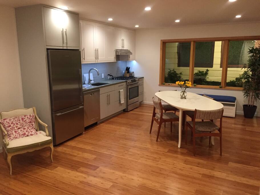 Full kitchen, sitting in work area.
