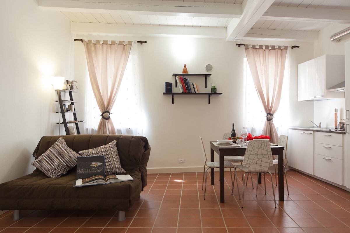 An inviting living space features a comfortable sofa bed adorned with patterned cushions. Natural light filters through two gently draped windows, casting soft shadows on the tiled floor. A dining table for four, accompanied by stylish chairs, sits adjacent to a fully equipped kitchenette.