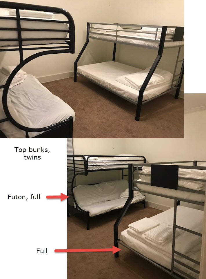 Chumba cha kitanda cha ghorofa, kizuri kwa watoto!
Magodoro ya chini ni magodoro ya futoni yenye ukubwa kamili, juu ni mapacha wa kawaida