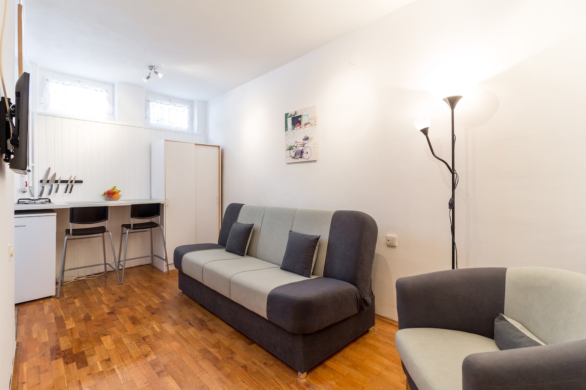 A cozy living area features a spacious sofa with a combination of gray colors, complemented by a matching armchair. A small dining area is present with high stools and a countertop. Soft lighting is provided by a floor lamp, enhancing the warmth of the wooden flooring.