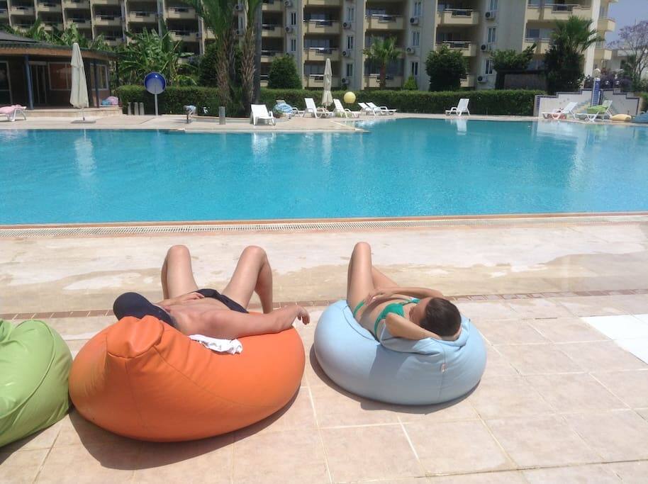 By our swimming pool