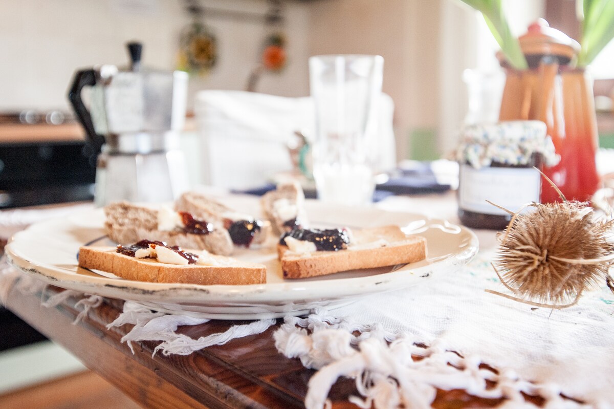 A rustic table setting is depicted, featuring slices of bread topped with jam on a white plate. A coffee maker and a jar are present alongside a glass of water, enhancing the welcoming atmosphere of the kitchen space. Soft natural light illuminates the scene.