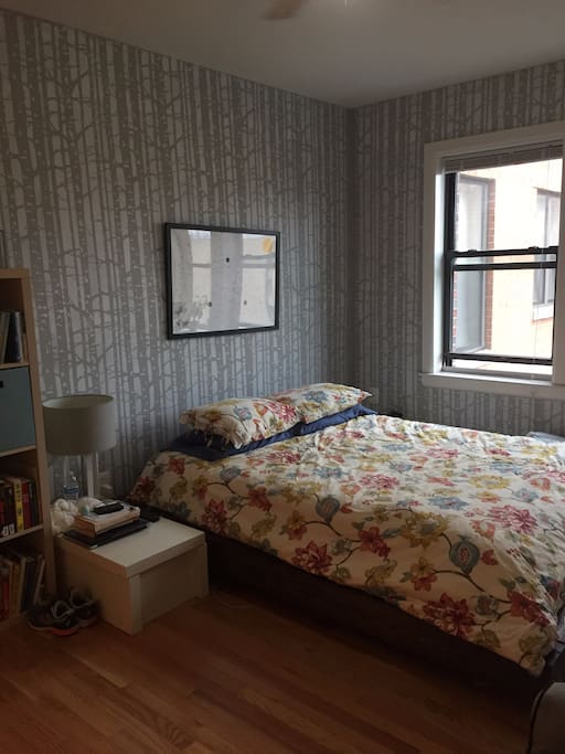 A spacious bedroom with great lighting (although the windows have shades if you're not an early riser) and a TV with Chromecast. The bed is queen size, and there is also a queen size air mattress also available which will fit on the floor next to the bed.